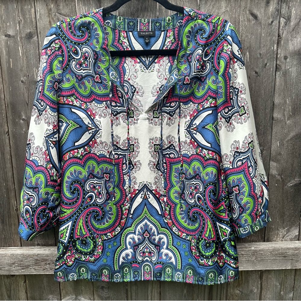 Talbots 100% Silk 3/4 Sleeve Paisley Boho Peasant Blouse Sz 6
